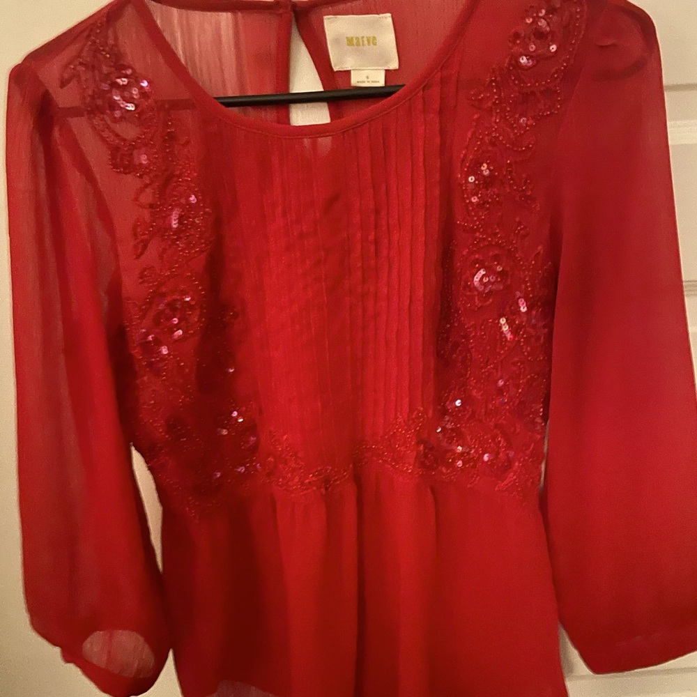 Maeve red blouse w sequins; peplum waist; great condition; worn twice
